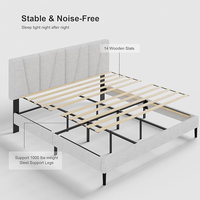 King Size Bed Frame with Fabric Upholstered Headboard, Platform Bed with Wooden Slats Support, Fully Mattress Foundation, Box Spring Optional, Easy Assembly