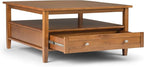 SIMPLIHOME Warm Shaker Square Coffee Table - 36 inch Wide Solid Wood Cocktail Table in Light Golden Brown, Transitional Living Room Table with Large Storage Drawer and Open Shelf for Sitting Area