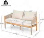 Christopher Knight Home Katarina Patio Acacia Wood Loveseat Furniture, Outdoor Loveseat Sofa with Comfy Fabric Cushions, 2-Seater Sofa with Handwoven Rope Backrest for Garden, Light Brown+Beige