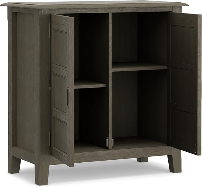 SIMPLIHOME Burlington SOLID WOOD 30 inch Wide Transitional Low Storage Cabinet in Farmhouse Grey for the Living Room, Entryway and Family Room