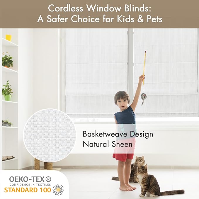 Madison Park Galen Cordless Roman Shade, 23"W x 64"H, Sheen White – Room Darkening, Thermal Insulated, Energy Efficient Window Blind with Subtle Sheen Basketweave Fabric for Privacy