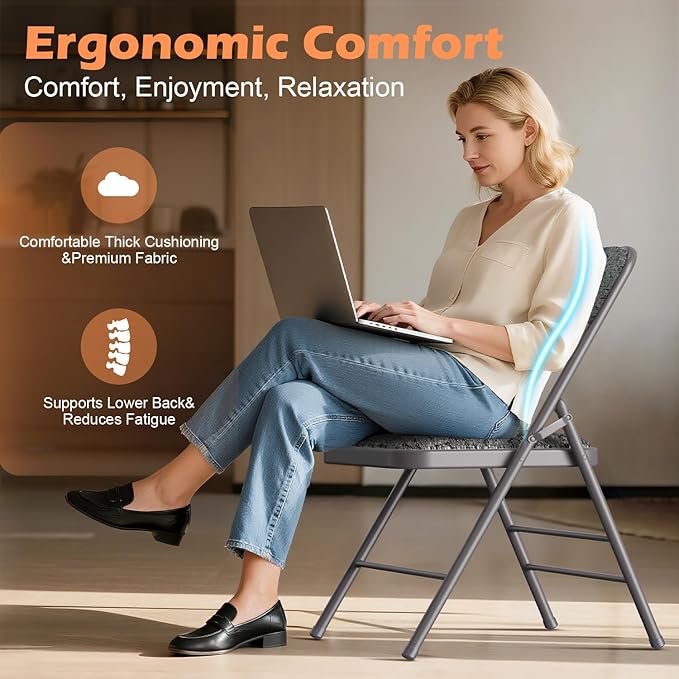 Commercial Grade Folding Chair with Padded Fabric Cushion（16"X16" |Double-hinged Legs Luxury Style|4.5kg Capacity Max Weight 150Kg for Home and Office,Indoor and Outdoor Events (2, Fabric-Grey)