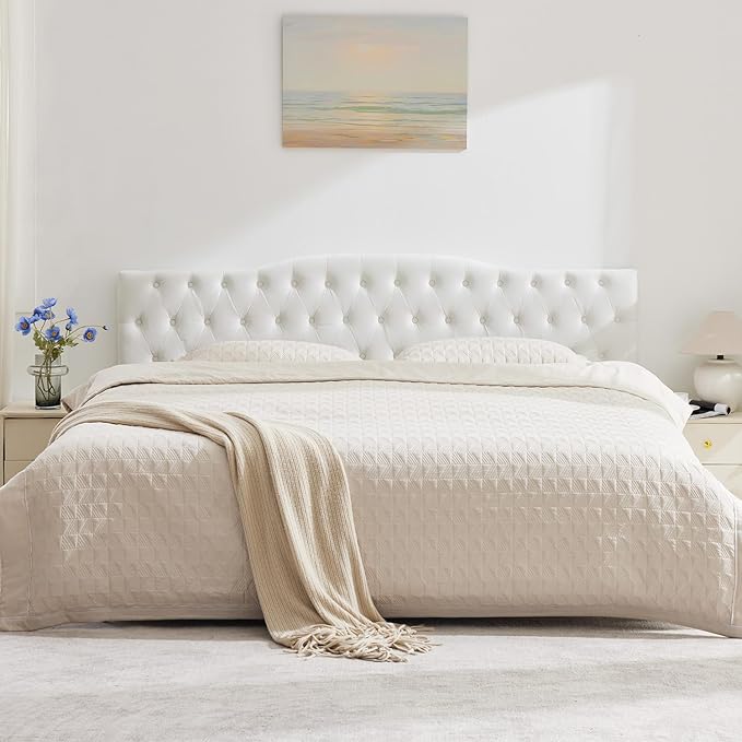 Upholstered Full Headboard, Button Diamond Tufted Headboard with Adjustable Height and Solid Wood Leg, Velvet Padded Headboards for Full Size Bed, Modern Head Board, White