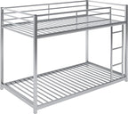 Twin Over Twin Metal Bunk Bed with Full-Length Guardrail,Low Bed Frame W/Ladder, Steel,No Noise,Bedroom Furniture for Adult Kid Boy Girl Teen,Silver