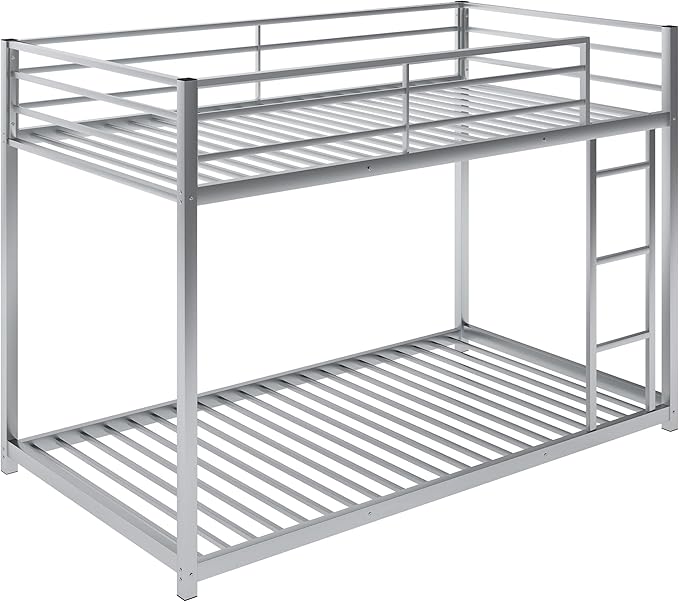 Twin Over Twin Metal Bunk Bed with Full-Length Guardrail,Low Bed Frame W/Ladder, Steel,No Noise,Bedroom Furniture for Adult Kid Boy Girl Teen,Silver