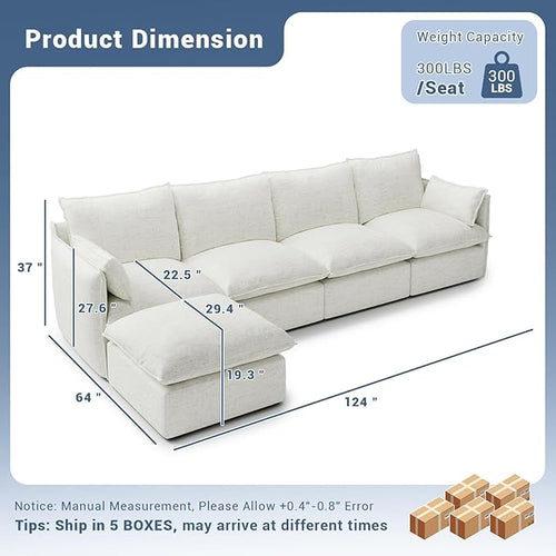 124" Cloud Modular Sectional Sofa, Waterproof Down Filled Sectional Couch, High Backrest L Shaped 4 Seater Couch with Ottoman, Modern Modular Sofas with Removable Cover, Cream White