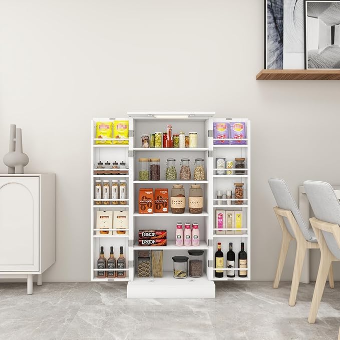 Kitchen Pantry Storage Cabinet w/LED, 50" Pantry Cabinets w/Doors and Adjustable Shelves, Freestanding Pantry Cupboard for Kitchen, Dinning Room, Living Room, Small Place, White