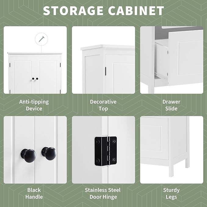 Tall Storage Cabinet, Bathroom Floor Freestanding Storage Cabinet with 2 Doors and 2 Drawers for Bathroom, Office, Living Room, White
