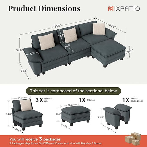 123-Inch L Shaped Sectional Sofa with Cloud Cushions, Deep Seat Modular Couch Set w/ 4 Seats & 1 Ottomans, Removable Arms, Plush Chenille Upholstery for Living Room, Apartment - Cyan