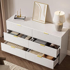 White 6 Drawer Dresser for Bedroom, 55" Wide Modern Chest of Drawers with Gold Metal Handles, Fluted Wood TV Stand for Living Room, Hallway