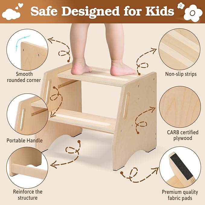 Step Stool for Toddlers & Kids - Wooden Height Adjustable Kids 2 Step Stool with Safe Non-Slip Pads - Potty Training Stool for Bathroom Sink, Bedroom,Kitchen Dual Height Step Stools for Kids(Natural)