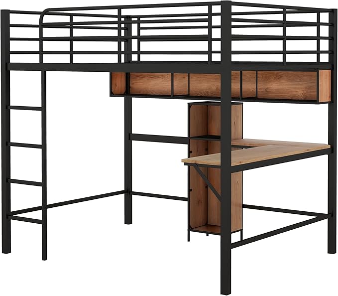 Full Size Metal & Wood Loft Bed with L -Shaped Desk and Shelves,Bedroom Multifuncational Bed Frame w/Guardrails & No Box Spring Required,for Adult Kid Boy Girl,Black+Brown