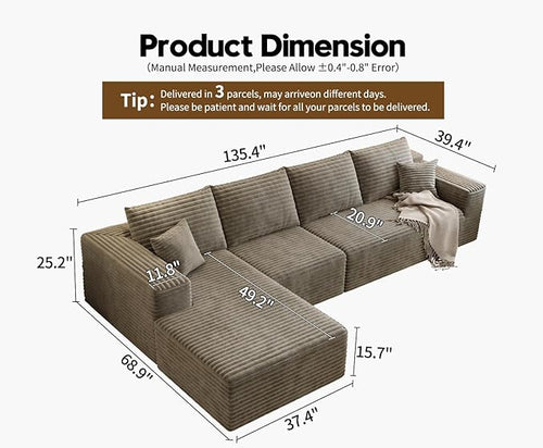 135.4" Cloud Sectional Couch with L-Shape Chaise,Modern Modular Sofa with Deep Seat, Upholstered Couches for Living Room Bedroom Apartments,No Assembly Required, (Camel,Left Facing Chaise)