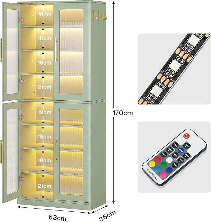 Tribesigns Tall Shoe Storage Cabinet with Acrylic Doors and LED Lights, 8-Tier Entryway Shoe Organizer Rack with Adjustable Shelves and Hanging Hooks for Narrow Closet, Hallway, Mint Green