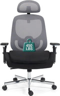 450 LBS Big and Tall Office Chair, Heavy Duty Executive Chair w/4D Arms, Ergonomic Computer Home Desk Chair, Swivel Mesh Chair w/2D Lumbar Support, Adjustable Headrest, Tilt Lock-Black and Grey