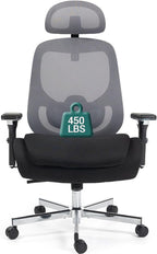 450 LBS Big and Tall Office Chair, Heavy Duty Executive Chair w/4D Arms, Ergonomic Computer Home Desk Chair, Swivel Mesh Chair w/2D Lumbar Support, Adjustable Headrest, Tilt Lock-Black and Grey