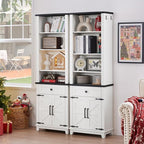 72in Tall Bookshelf 7 Tier Bookcase with Drawer and Barn Doors and Adjustable Shelves, White Farmhouse Book Shelf with Storage Cabinet, Wood Freestanding Display Bookshelves for Living Room