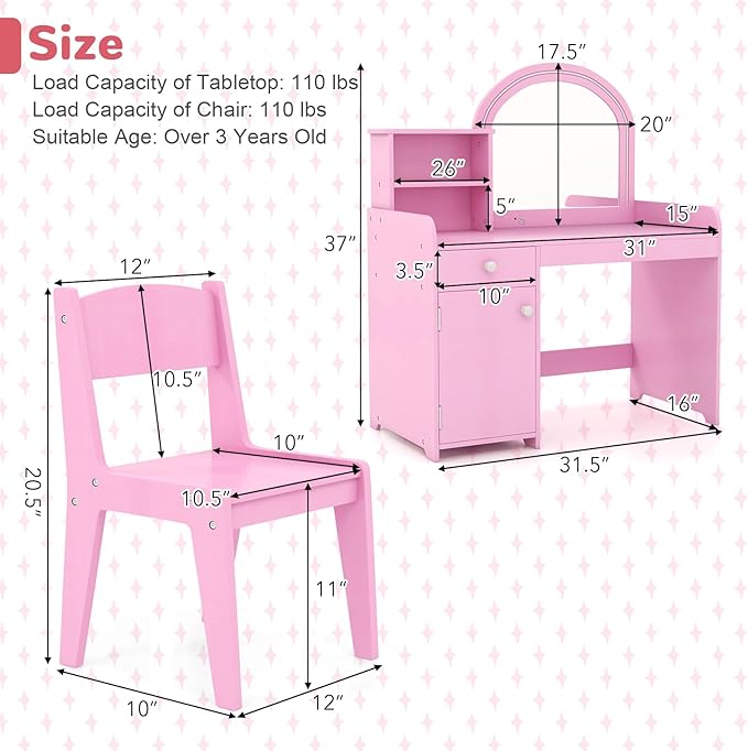 HONEY JOY Kids Vanity with Lights, Little Girls Vanity Set with Mirror and Stool and Lights, Wooden Princess Makeup Dressing Table, Storage Cabinet, Pretend Play Kids Vanity Table and Chair Set(Pink)