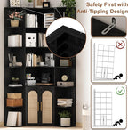 74" Tall Corner Bookshelf with 2 Arched Rattan Doors, 6-Tire L Shaped Bookcase with 16 Open Storage Shelves, Boho Large Corner Shelf with Cabinet for Living Room, Home Office
