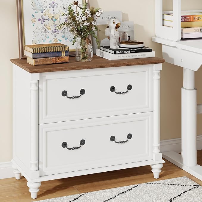 Lateral File Cabinet 2 Drawers Farmhouse File Cabinet for Letter/A4/Legal Size Hanging Files, Large Rustic White File Storage Cabinets Printer Stand with 4 Solid Wood Feet &Column Decor for Office