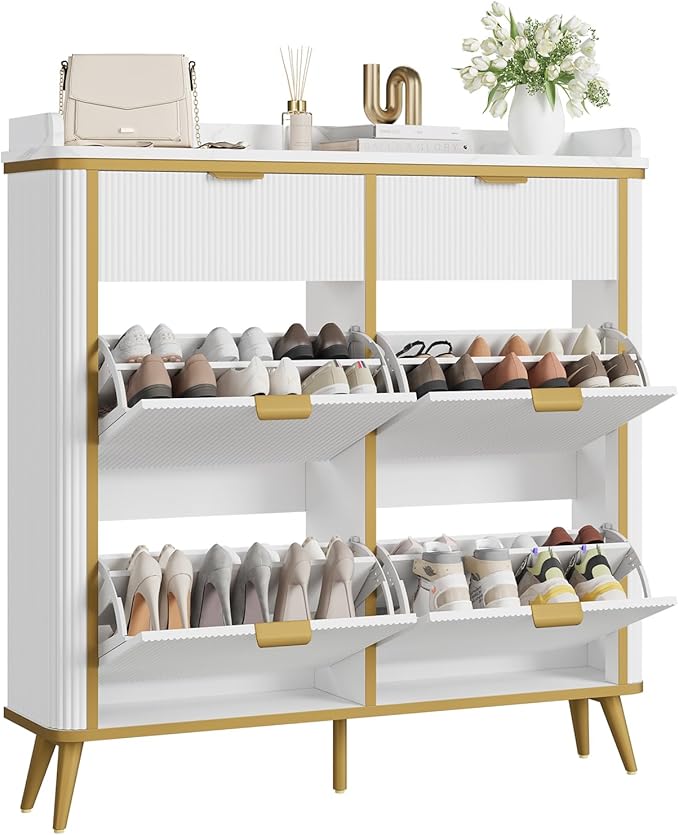 Fluted Shoe Cabinet Storage, Freestanding Hidden Shoe Organizer with 4 Flip Drawers & 2 Drawers, Wood Narrow Shoe Rack Cabinet with Adjustable Shelves for Entryway, Foyer, Hallway, White