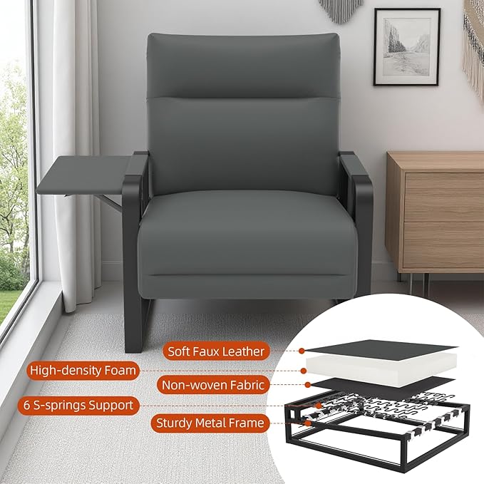 Upholstered Accent Chair, Modern Faux Leather Sofa Chair with Foldable Side Tray Table & Storage Pocket, Small Accent Sofa for Living Room, Bedroom, Reception Room, Gray