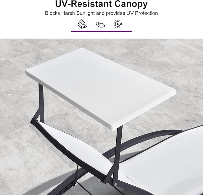 PURPLE LEAF Patio Lounge Chair with Canopy Shade Outdoor Chaise Lounge Chair Set of 2 for Lawn Poolside Backyard Sunbathing Tanning Chairs with Arm White