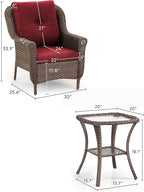 3 Piece Patio Brown Wicker Chairs with Side Table - Outdoor High Back Heavy Duty All-Weather Lawn Dining Rattan Chair Conversation Bistro Set for Deck Porch Balcony Backyard Garden - Red