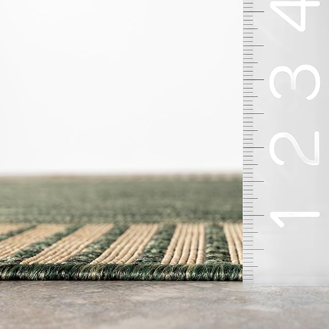 nuLOOM 4' x 6' Outdoor Area Rug, Casual Design with Striped Border, Stain Resistant, Highly Durable, for Patio, Balcony, Bedroom, Living Room, Dining Room, Bathroom, Dark Green