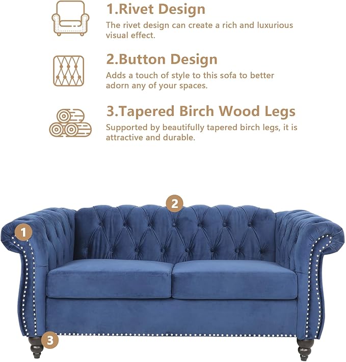 2 Piece Living Room Furniture Set, Velvet Loveseat and Chair Set, Mid Century Modern Upholstered Sofa Couch with Cushions, Comfy Tufted Chesterfield Couches for Living Room, Bedroom, Office