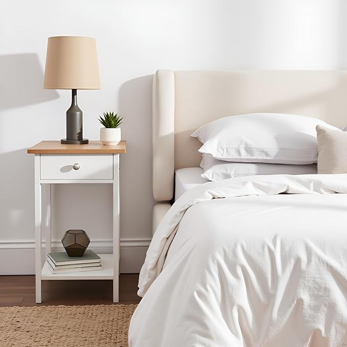 Side Table - Small Night Stand with Drawer and Open Storage Shelf - Traditional Style Bedroom or Living Room Furniture - Use as Bedside Table or End Table by Lavish Home (White)