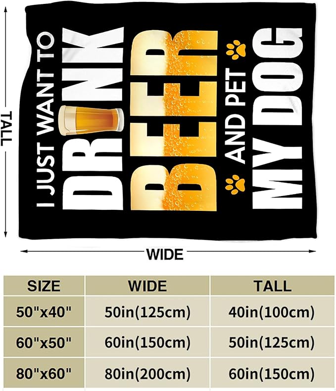 Funny Beer and Dog Throw Blanket - Gifts and Decor for Men Women Adults - Soft Warm Cozy Fleece for Couch Sofa Bed 50"x40"