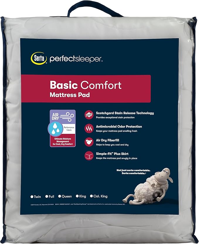Serta Air Dry Basic Comfort Performance Fabric Quilted Mattress Pad, Cooling and Breathable Mattress Cover, Moisture Wicking Protection with 15" Deep Pocket, King, White