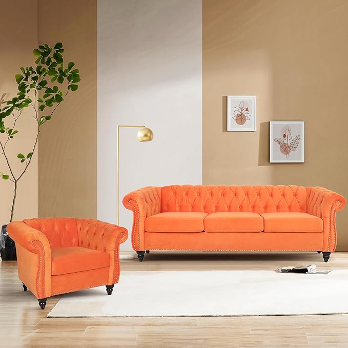 Accent Sofa Chair for Living Room, Mid Century Modern Velvet Upholstered Armchair, Oversized Comfy Single Couch Chair with Cushion, Tufted Chesterfield Sofa Couch for Home, Bedroom, Apartment (Orange)