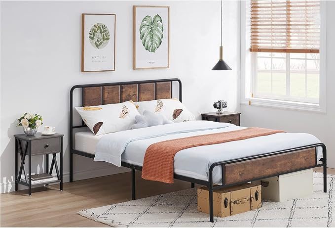 VECELO End Tables, Modern Nightstand with Drawer & Shelf, Night Stand for Bedroom Living Room,Industrial Metal Frame