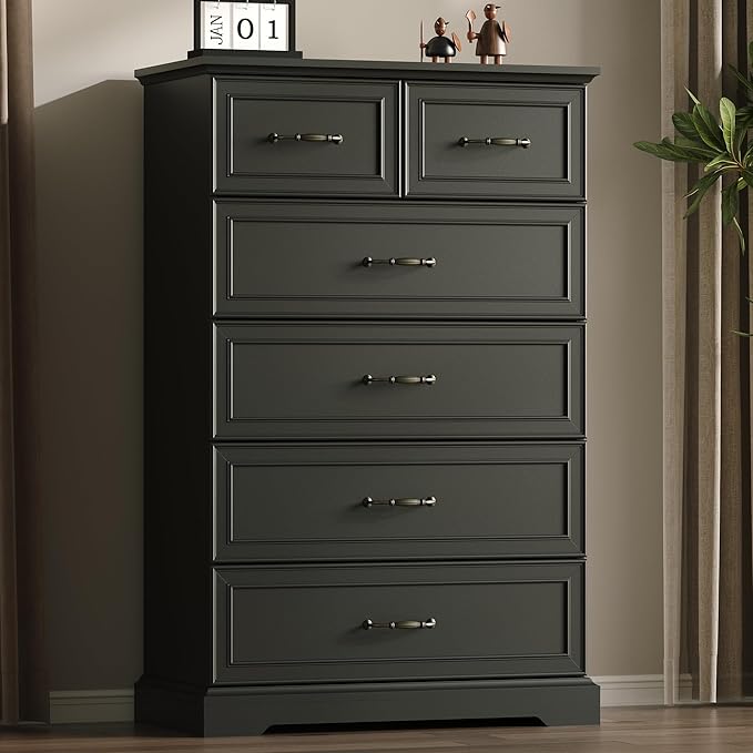 Farmhouse 6 Drawers Dresser for Bedroom, 49" Tall Modern Chest of Drawers with Deep Drawers & Bar Handles, Rustic Wood Dresser TV Stand, Wooden Closet Storage Organizer for Living Room, Hallway, Black