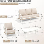 6 Piece Metal Outdoor Patio Furniture Set, Patio Conversation Sets 1 3-seater Sofa, 4 Single Sofa with 5.75" Extra Thick Cushion and Coffee Table, White Frame Backyard Furniture, Beige