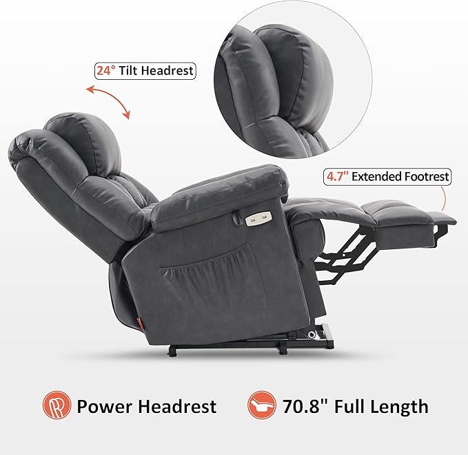 MCombo Power Lift Recliner Chair Sofa with Massage and Heat, Adjustable Headrest, 3 Positions, USB Ports, for Elderly People, 7533 (Faux Leather, Dark Gray)