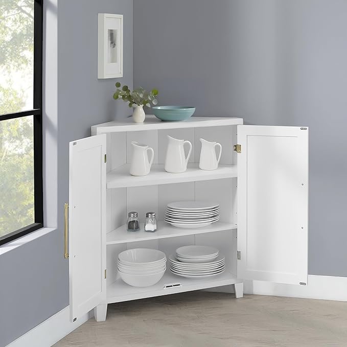 Crosley Furniture Roarke Stackable Corner Pantry Storage Cabinet with Shelves, Kitchen, Dining, Laundry, White