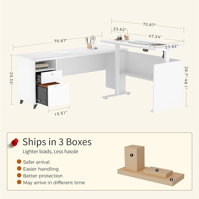 70" W L‑Shaped Executive Standing Desk with Storage Cabinet, Electric Corner Height Adjustable Workstation for Dual Screens, Printer, and Office Essentials