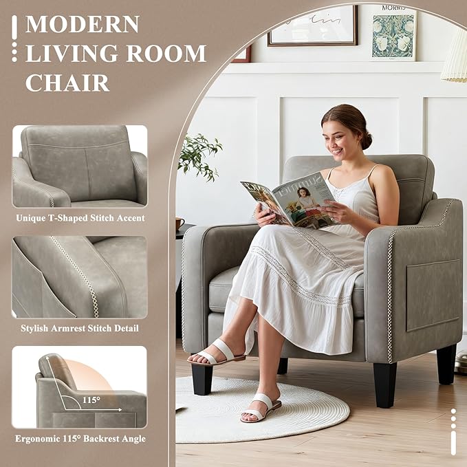 PU Leather Accent Chair, Mid-Century Modern Living Room Armchair Sofa with Removable Cushions, Solid Wood Frame & Stitched Armrest Design, Bedroom Chair with Plastic Legs, Grey