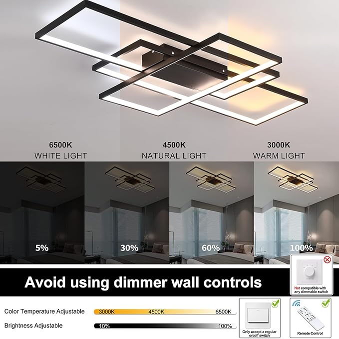 GEADI Large Modern LED Ceiling Light, 35.4" Dimmable Flush Mount Ceiling Lights with Remote Control, Black 3 Rectangular Light Fixtures for Kitchen Bedroom Dining Room(3000-6500K)