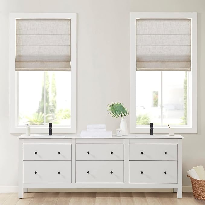 Madison Park Kyler Cordless Roman Shades - Single Panel, Lightweight Linen Blend Fabric, Natural Design, Easy Installation, Light Filtering Window Blind, Bedroom, Living Room Decor 27"W x 64"H Natural