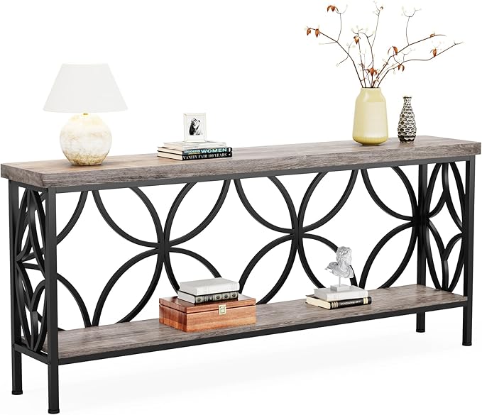LITTLE TREE Sofa Table, 70.9 Inch Industrial Behind Couch Table with Storage Shelves, Narrow Long Console Table for Entryway, Living Room, Foyer, Hallway, Office