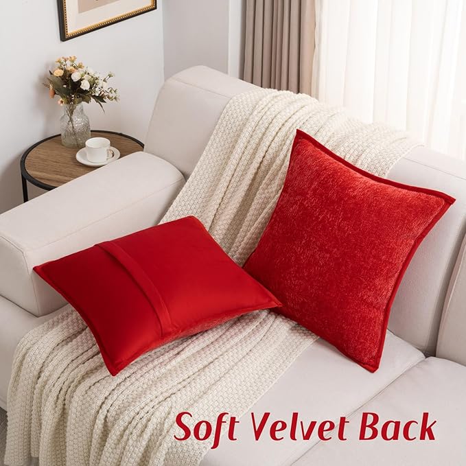 FUTEI Christmas Red Chenille Throw Pillow Covers 26x26 Inch Set of 2,Soft Cozy Bound Edge Design Euro Pillow Sham,Home Decor for Couch Bed Living Room
