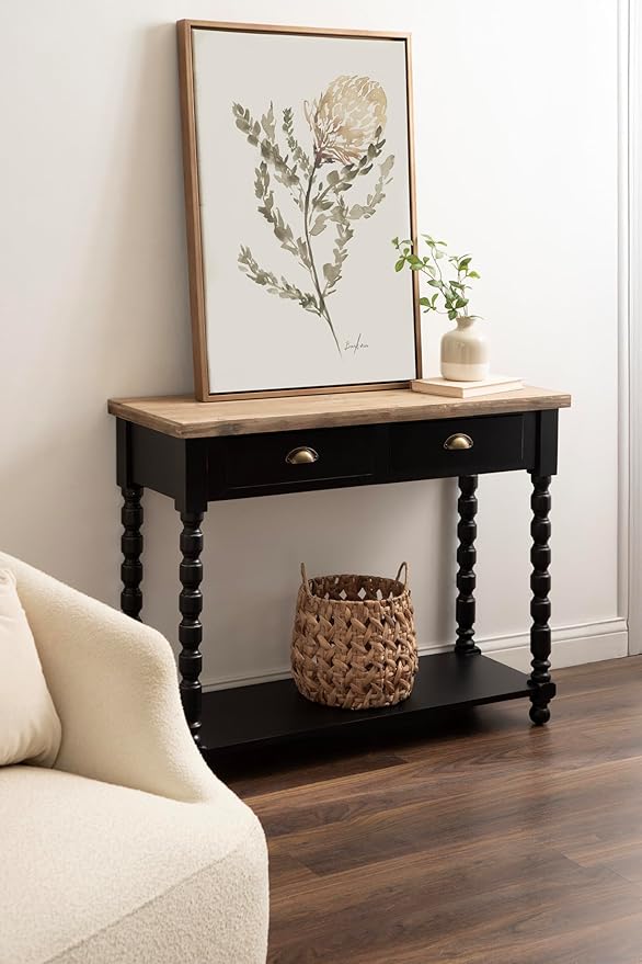 Kate and Laurel Rutledge Vintage Wooden Console Table with Shelf; 40 x 14 x 33; Hazelnut and Black; Traditional Wood Entryway Table with Drawers and Decorative Turned Legs for Entry Storage Options