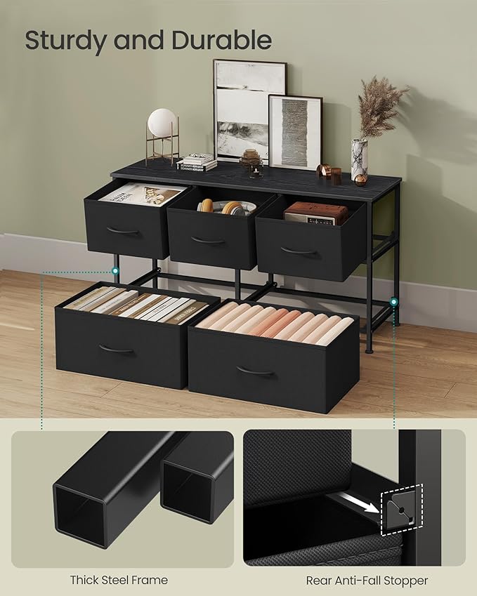 SONGMICS Dresser for Bedroom, Chest of Drawers, TV Stand, Steel, MDF, 5 Non-Woven Fabric Drawers, Storage Organizer Unit, Closet, Entryway, Ink Black and Ebony Black ULGS322B01S