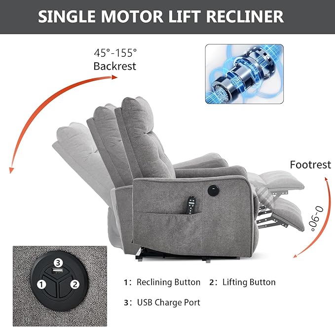 PELUMY Manual Lift Recliner Chair with Massage and Heat for Elderly, Single Motor Electric Lift Chair, Heavy Duty Recliner with USB Charging & Side Pockets (Chenille, Light Grey)