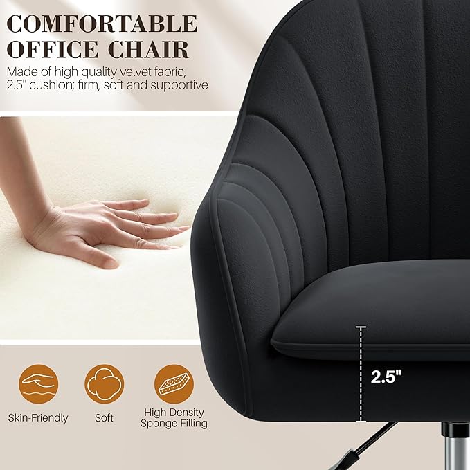 Comfy Home Office Desk Chairs Vanity Chair with Wheels Adjustable Modern Velvet Makeup Vanity Chairs for Bedroom Living Room（Black）