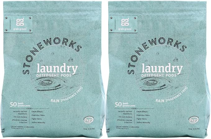 Grab Green Stoneworks Laundry Detergent Pods, 100 Count, Fragrance Free Rain Scent, Plant and Mineral Based, Cleans Deeply, Eliminates Odors, Fights Stains